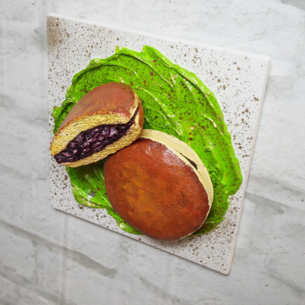 油絵 油彩 油彩画 絵 絵画 【抹茶の上のどら焼き】