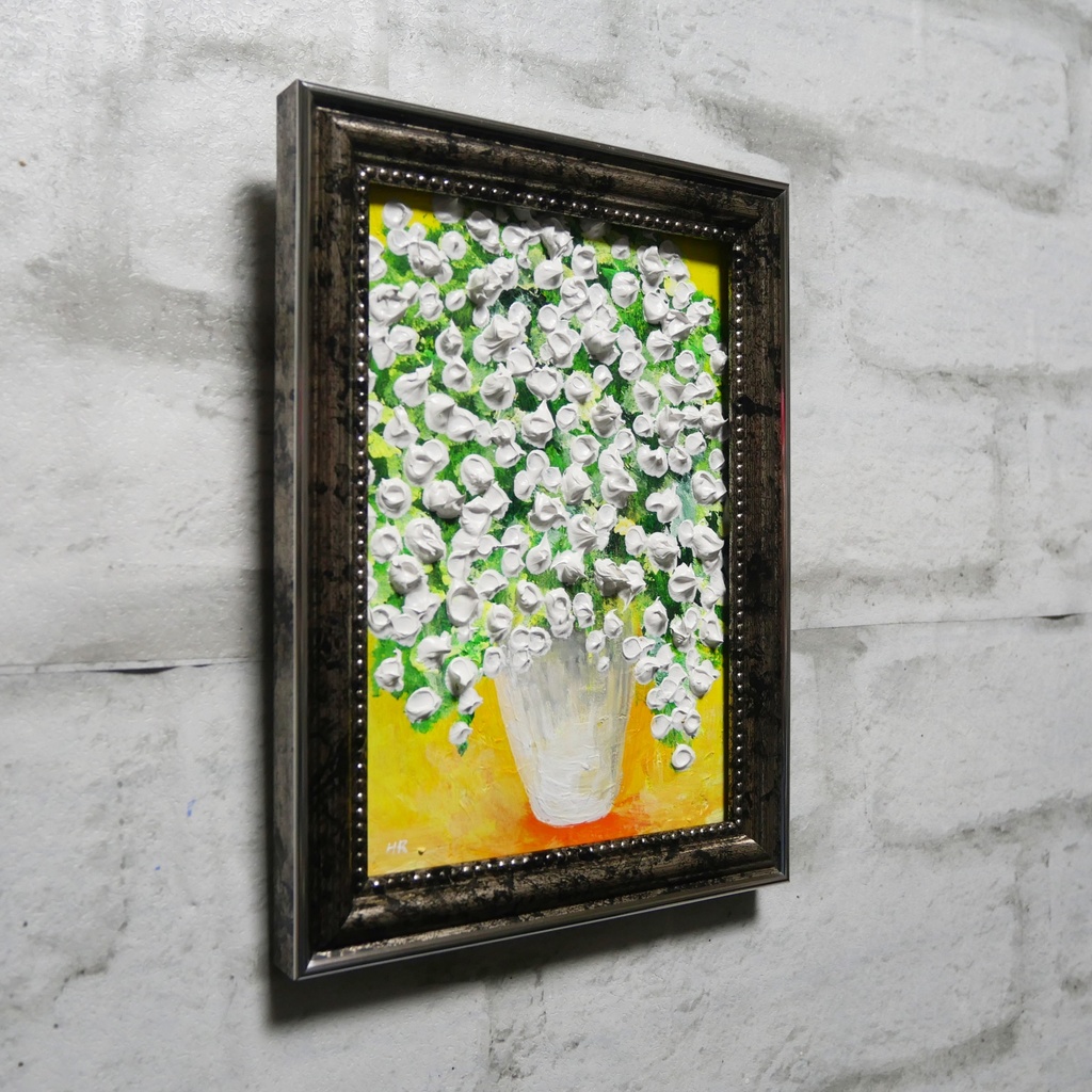 油絵 ミニ絵画2L【かすみ草】