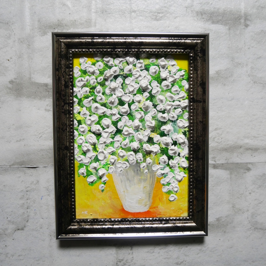 油絵 ミニ絵画2L【かすみ草】