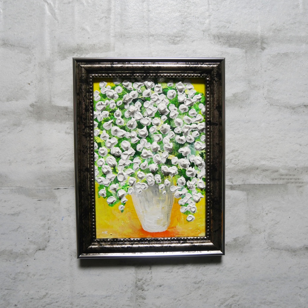 油絵 ミニ絵画2L【かすみ草】