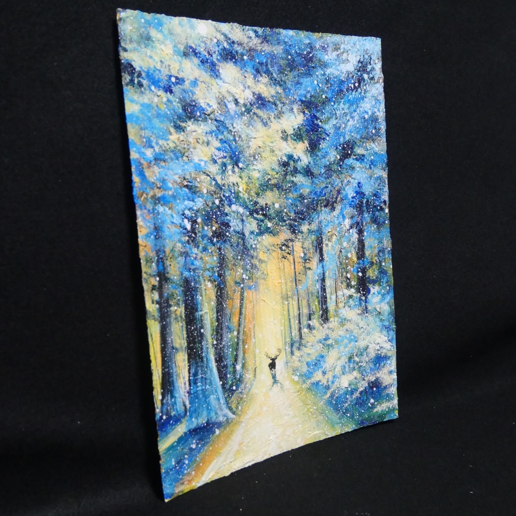 油絵 油彩 油彩画 絵 絵画 【雪景色の中で雪に立つ鹿】