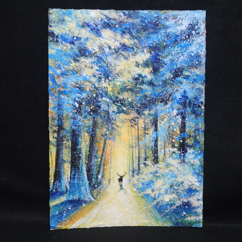 油絵 油彩 油彩画 絵 絵画 【雪景色の中で雪に立つ鹿】