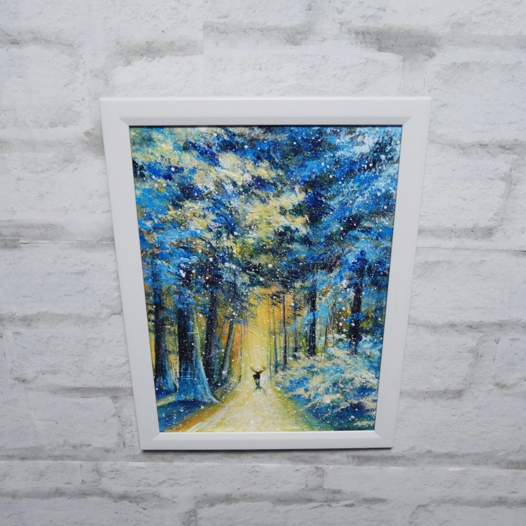 油絵 油彩 油彩画 絵 絵画 【雪景色の中で雪に立つ鹿】