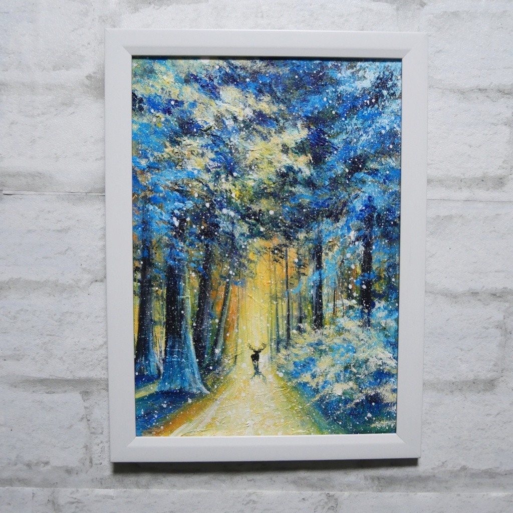 油絵 油彩 油彩画 絵 絵画 【雪景色の中で雪に立つ鹿】