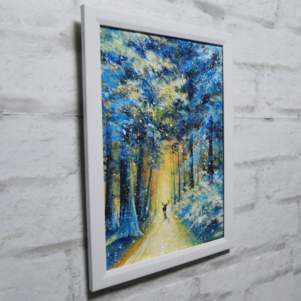 油絵 油彩 油彩画 絵 絵画 【雪景色の中で雪に立つ鹿】