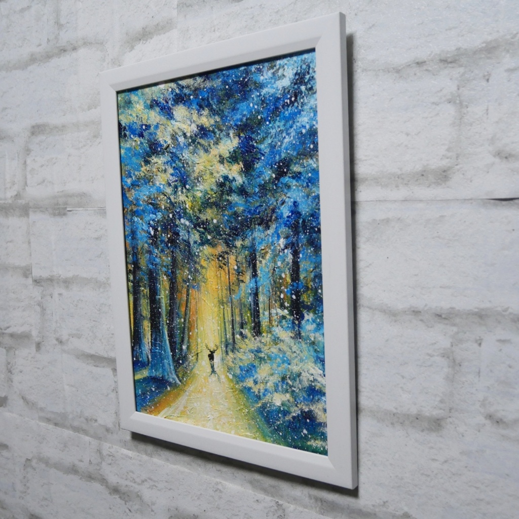 油絵 油彩 油彩画 絵 絵画 【雪景色の中で雪に立つ鹿】