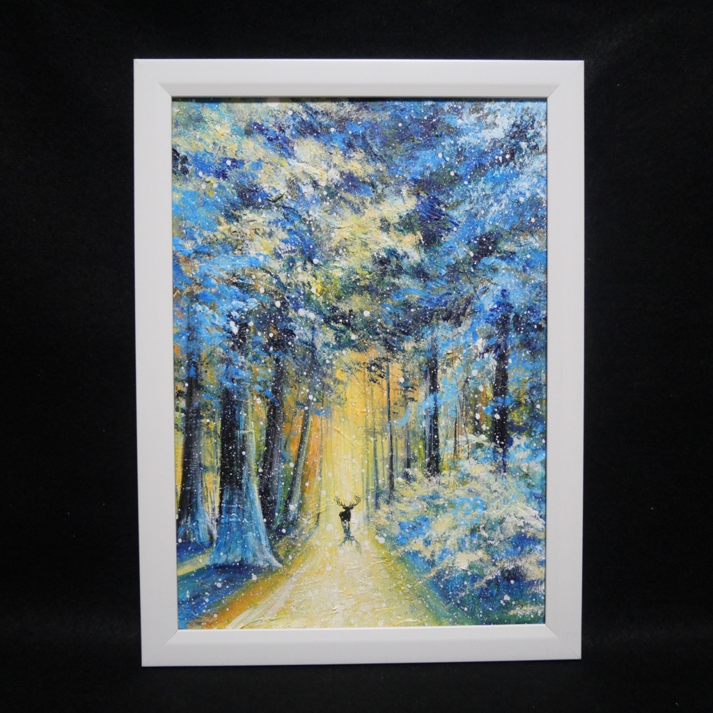 油絵 油彩 油彩画 絵 絵画 【雪景色の中で雪に立つ鹿】