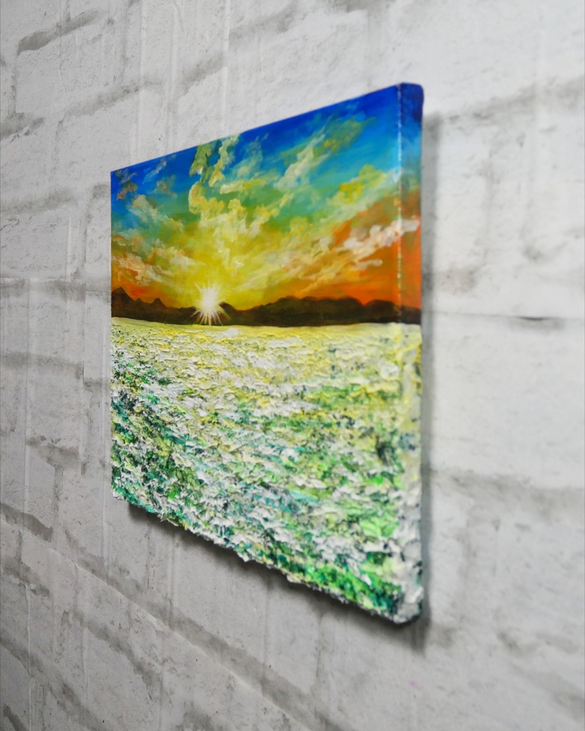 油絵 油彩 油彩画 絵画 絵【草原に咲く白い花と朝日】