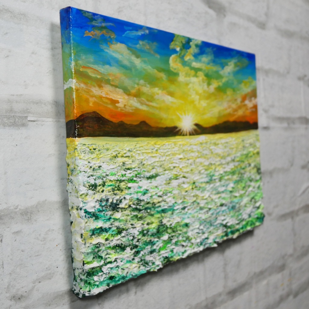 油絵 油彩 油彩画 絵画 絵【草原に咲く白い花と朝日】