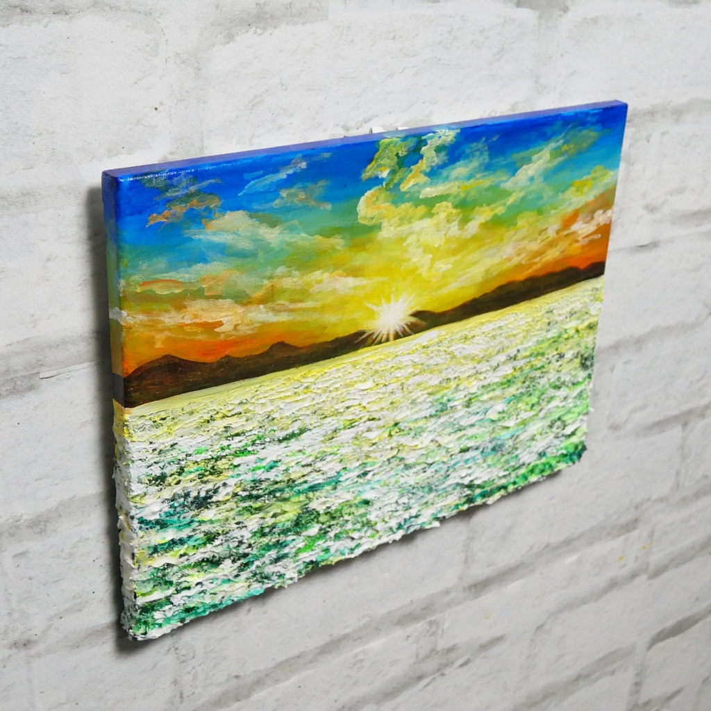 油絵 油彩 油彩画 絵画 絵【草原に咲く白い花と朝日】