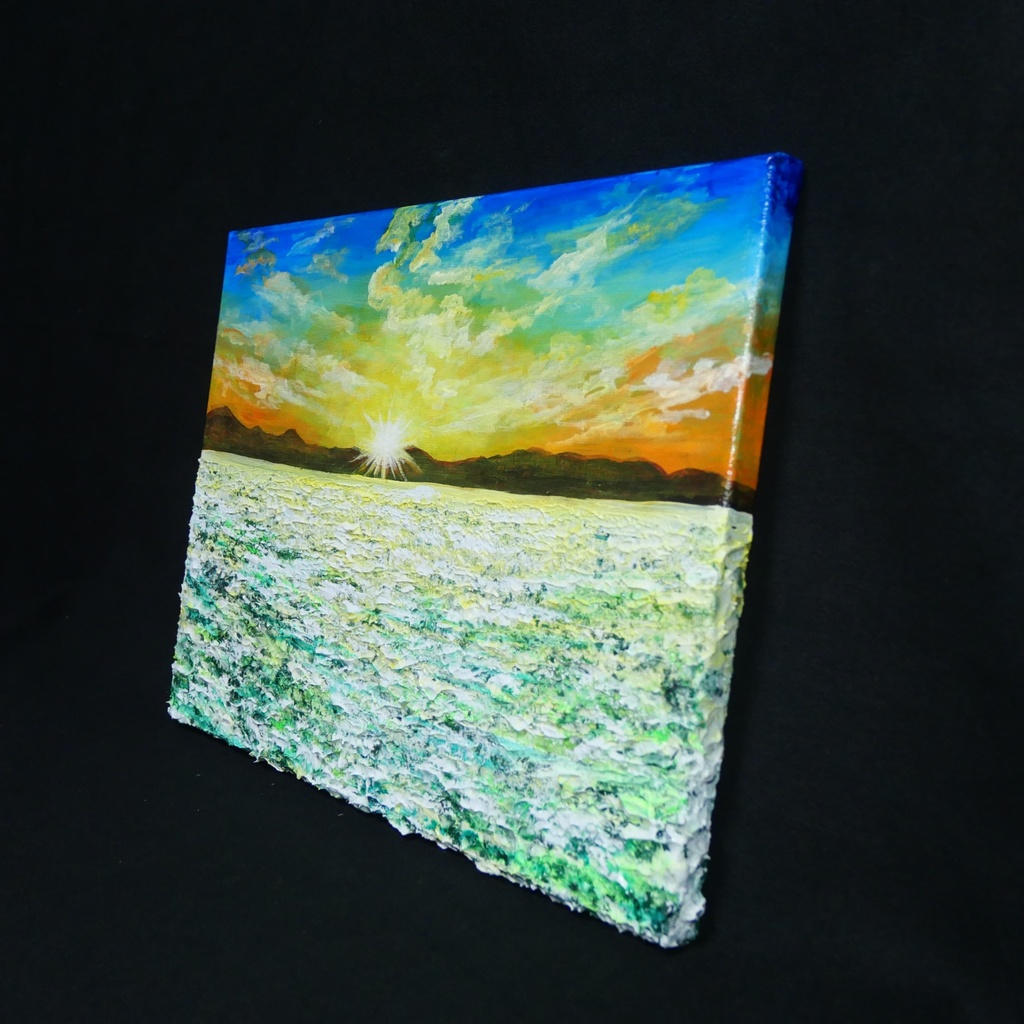 油絵 油彩 油彩画 絵画 絵【草原に咲く白い花と朝日】