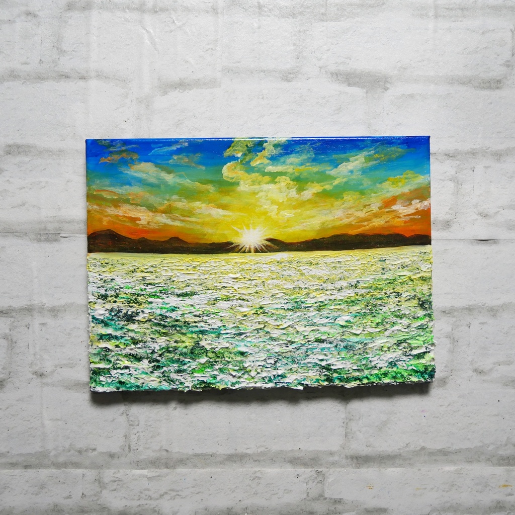 油絵 油彩 油彩画 絵画 絵【草原に咲く白い花と朝日】