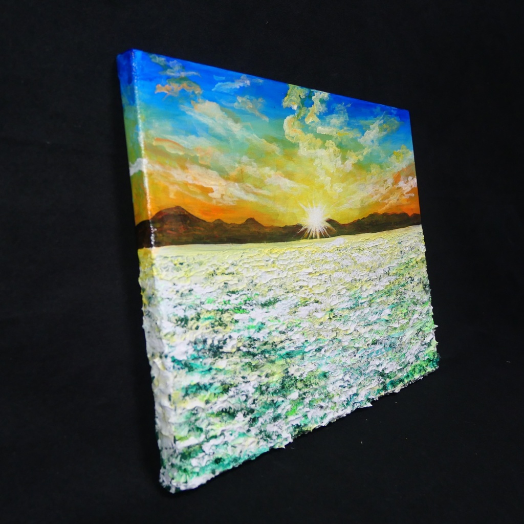 油絵 油彩 油彩画 絵画 絵【草原に咲く白い花と朝日】