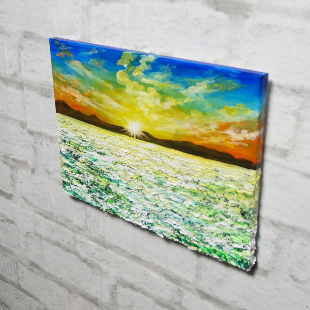 油絵 油彩 油彩画 絵画 絵【草原に咲く白い花と朝日】