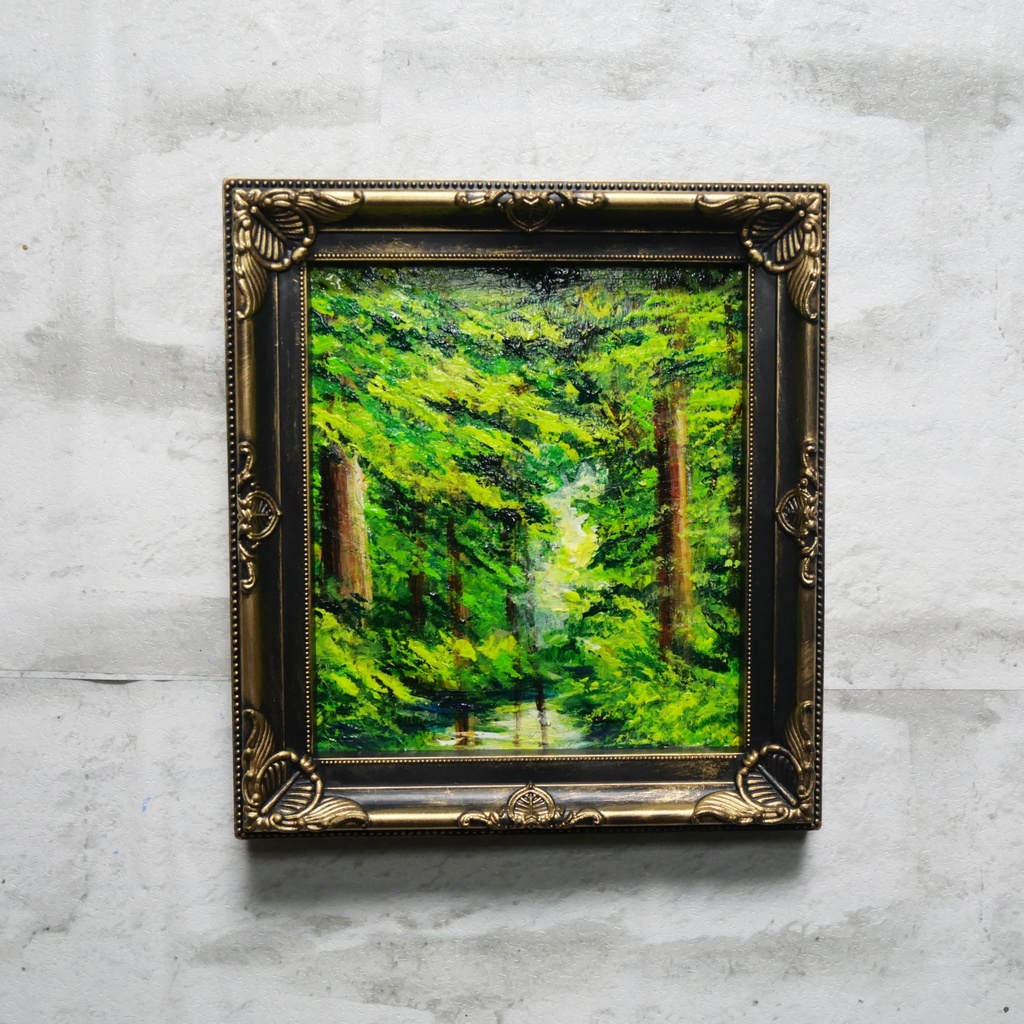 油絵 油彩 油彩画 絵 絵画 ミニ色紙【緑の湖】