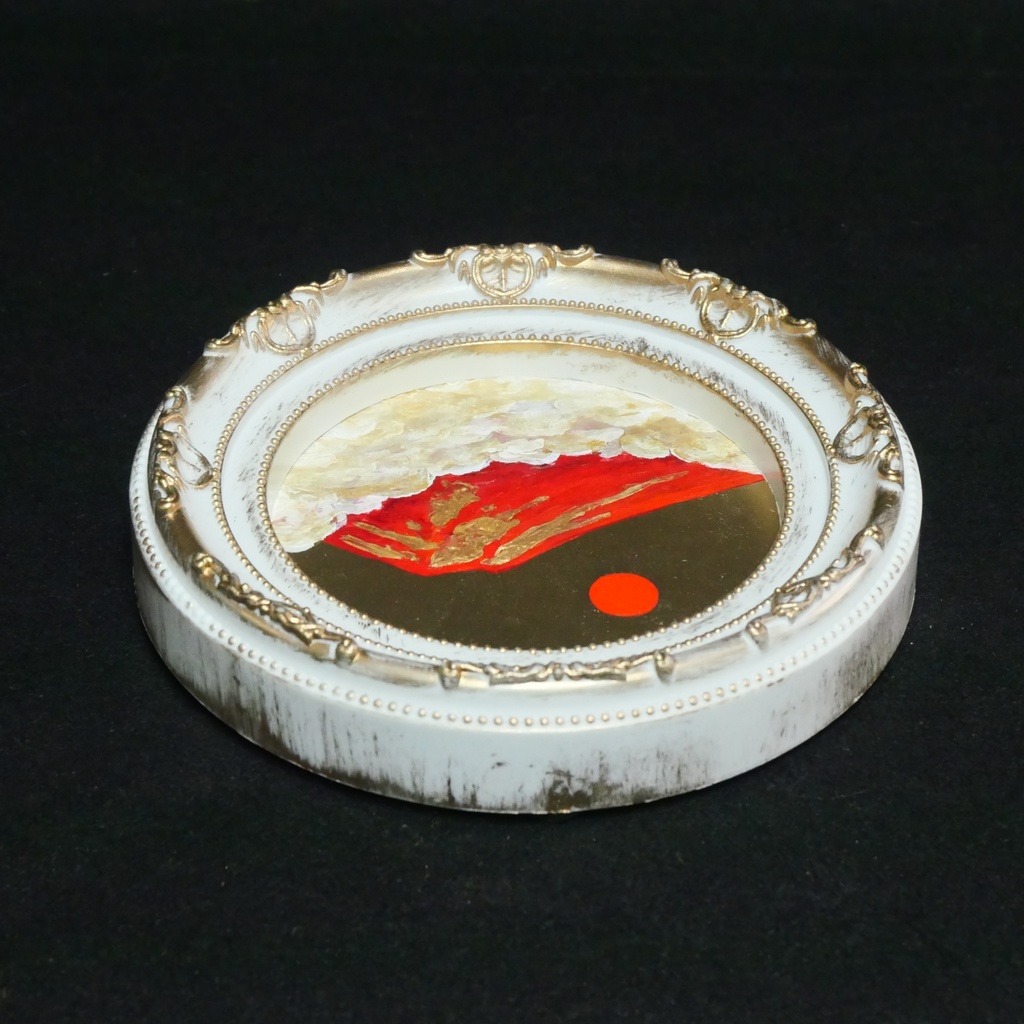 油絵 円形ミニ絵画【赤富士】【金】モダンインテリアアート