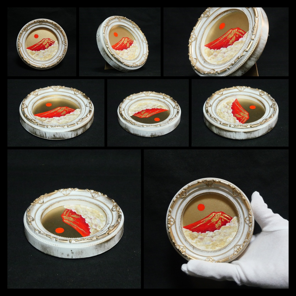 油絵 円形ミニ絵画【赤富士】【金】モダンインテリアアート