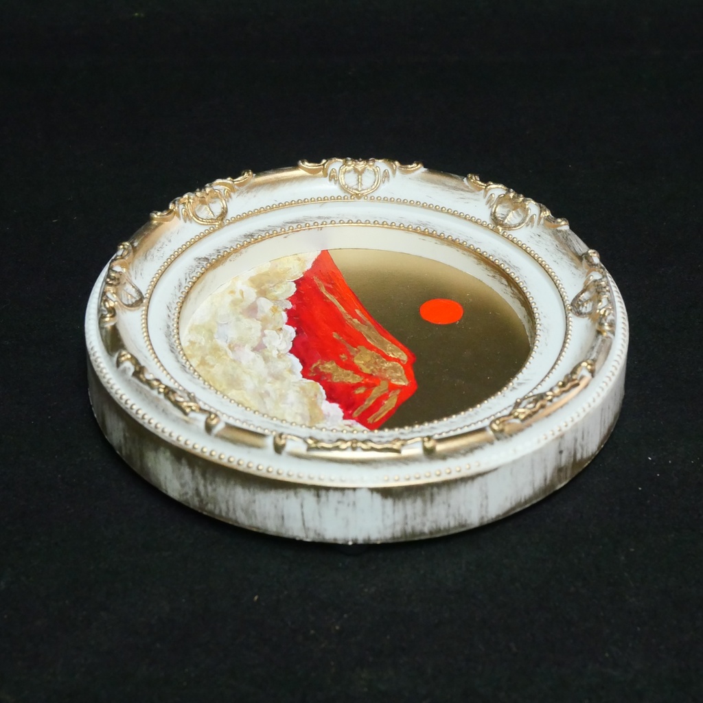 油絵 円形ミニ絵画【赤富士】【金】モダンインテリアアート