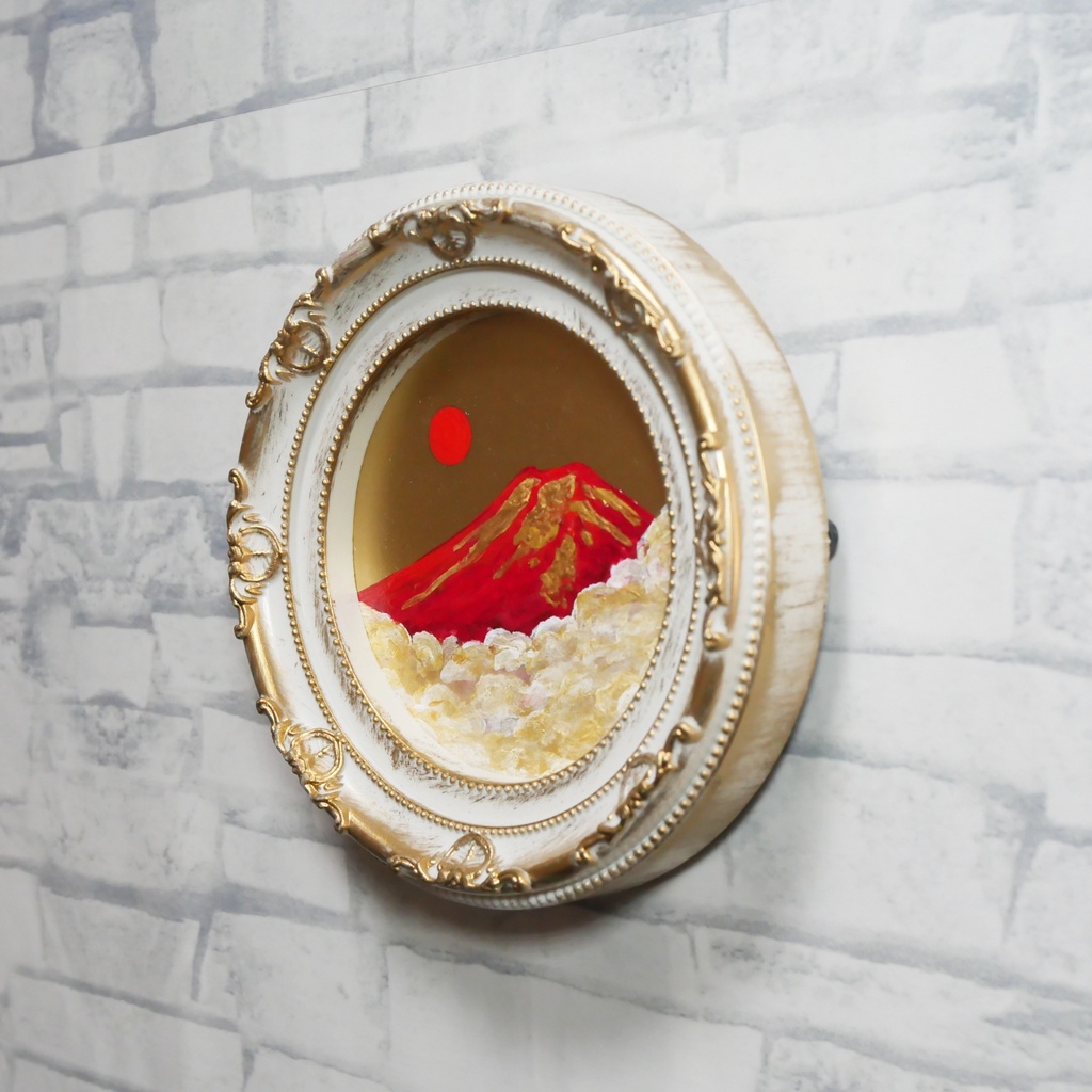 油絵 円形ミニ絵画【赤富士】【金】モダンインテリアアート