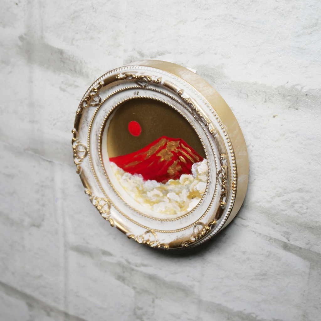 油絵 油彩 油彩画 絵 絵画 円形ミニ絵画 【赤富士】【金】