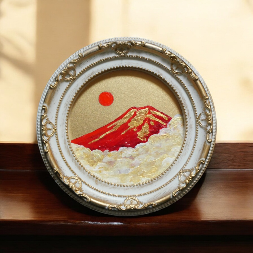 油絵 円形ミニ絵画【赤富士】【金】モダンインテリアアート