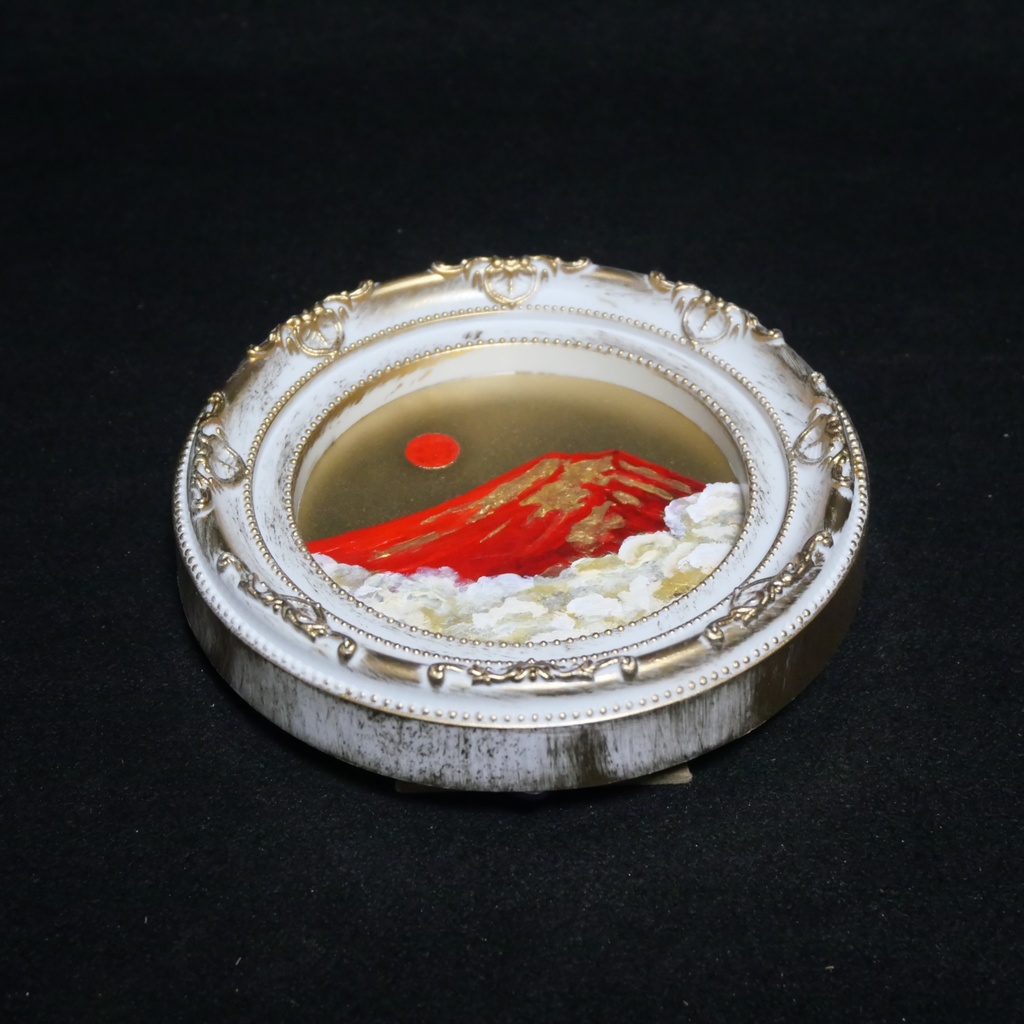 油絵 油彩 油彩画 絵 絵画 円形ミニ絵画 【赤富士】【金】