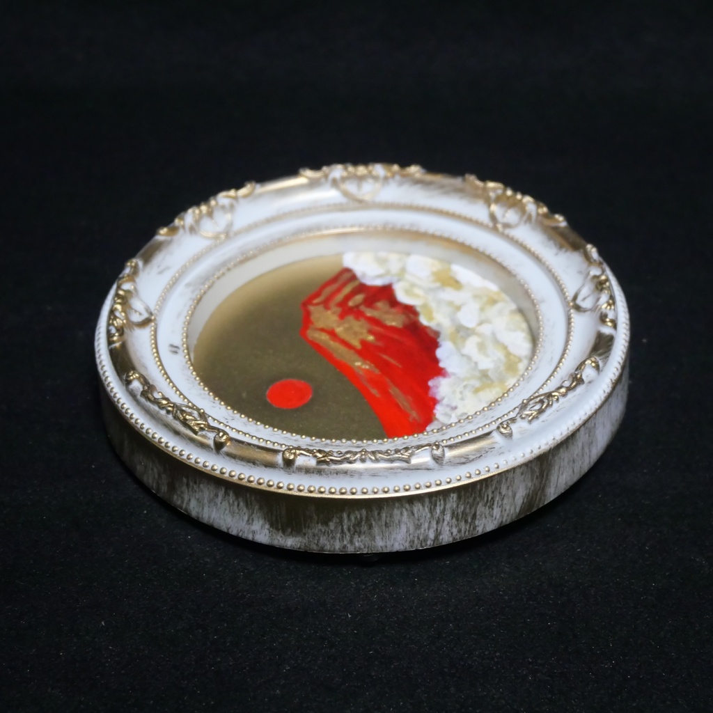 油絵 油彩 油彩画 絵 絵画 円形ミニ絵画 【赤富士】【金】