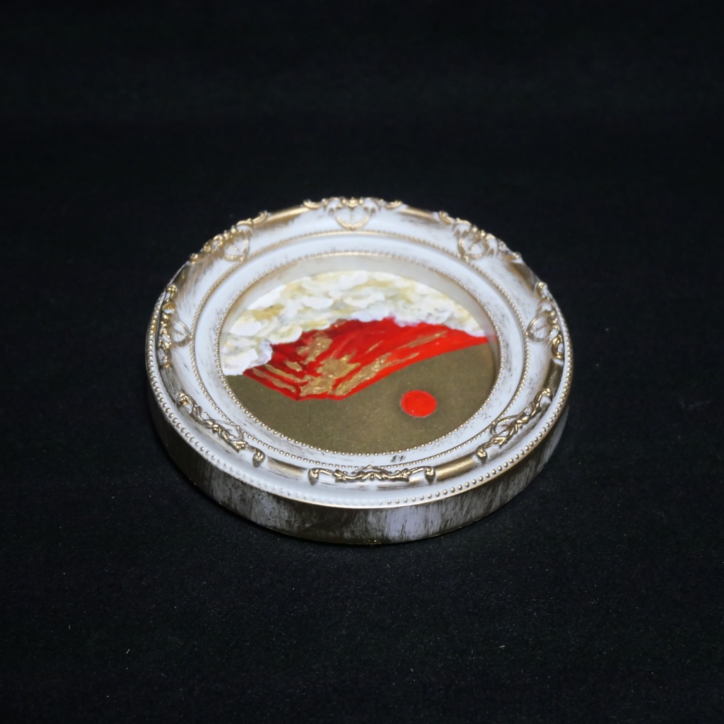 油絵 油彩 油彩画 絵 絵画 円形ミニ絵画 【赤富士】【金】