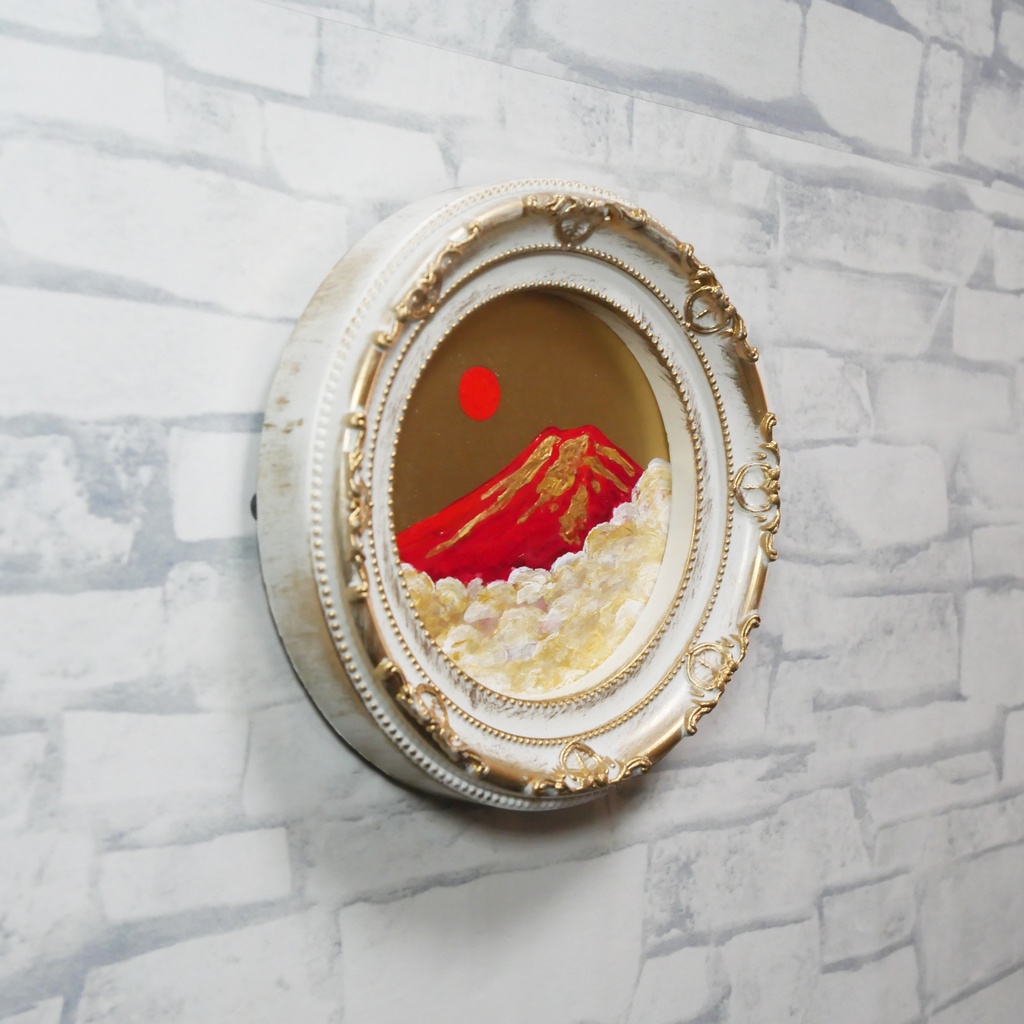 油絵 円形ミニ絵画【赤富士】【金】モダンインテリアアート