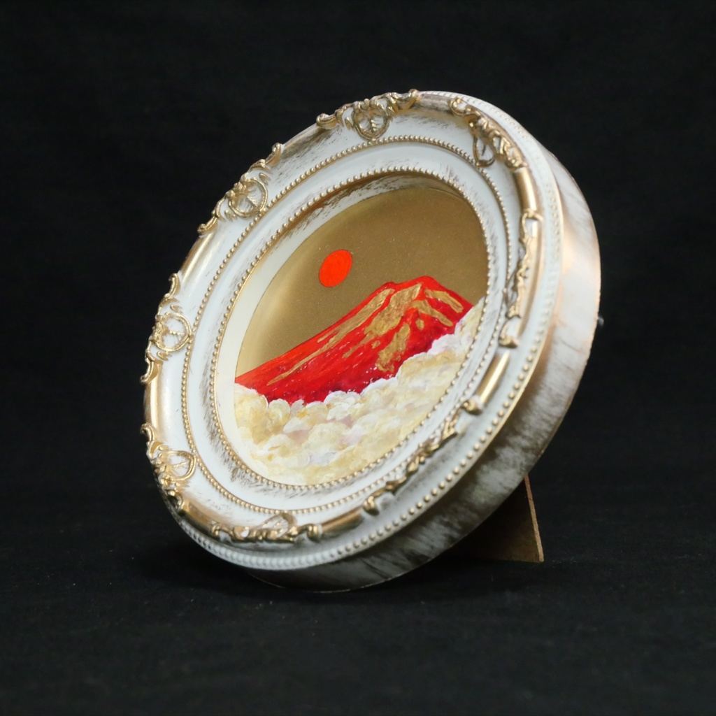 油絵 円形ミニ絵画【赤富士】【金】モダンインテリアアート