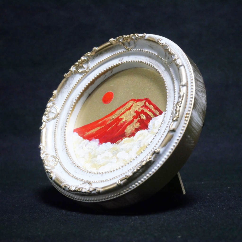 油絵 油彩 油彩画 絵 絵画 円形ミニ絵画 【赤富士】【金】