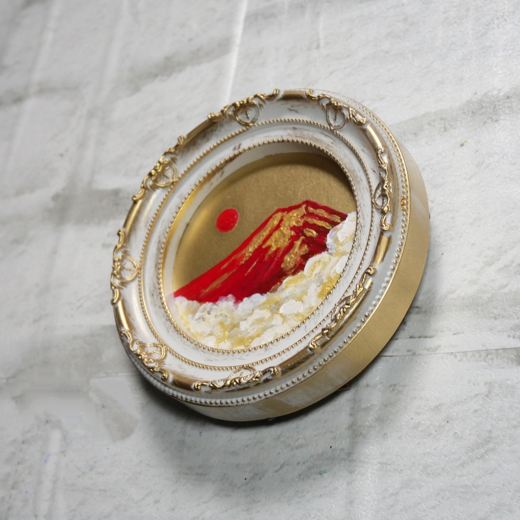 油絵 油彩 油彩画 絵 絵画 円形ミニ絵画 【赤富士】【金】