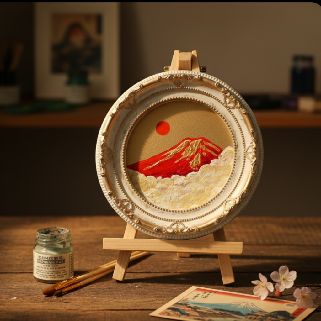油絵 円形ミニ絵画【赤富士】【金】モダンインテリアアート