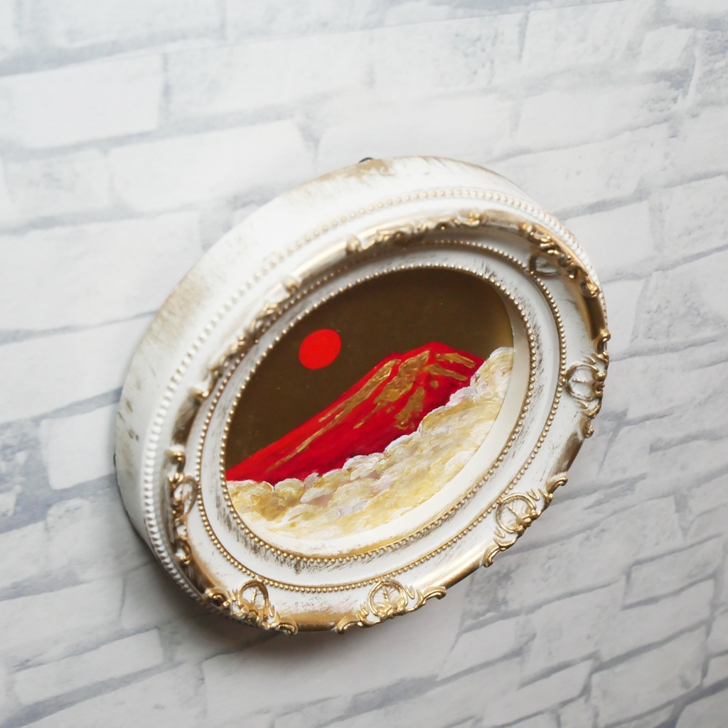 油絵 円形ミニ絵画【赤富士】【金】モダンインテリアアート