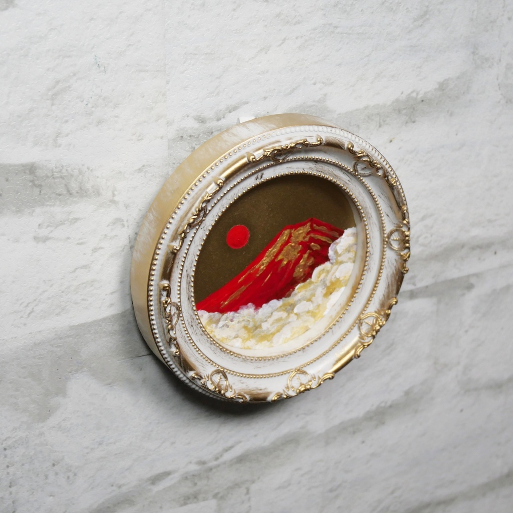 油絵 油彩 油彩画 絵 絵画 円形ミニ絵画 【赤富士】【金】