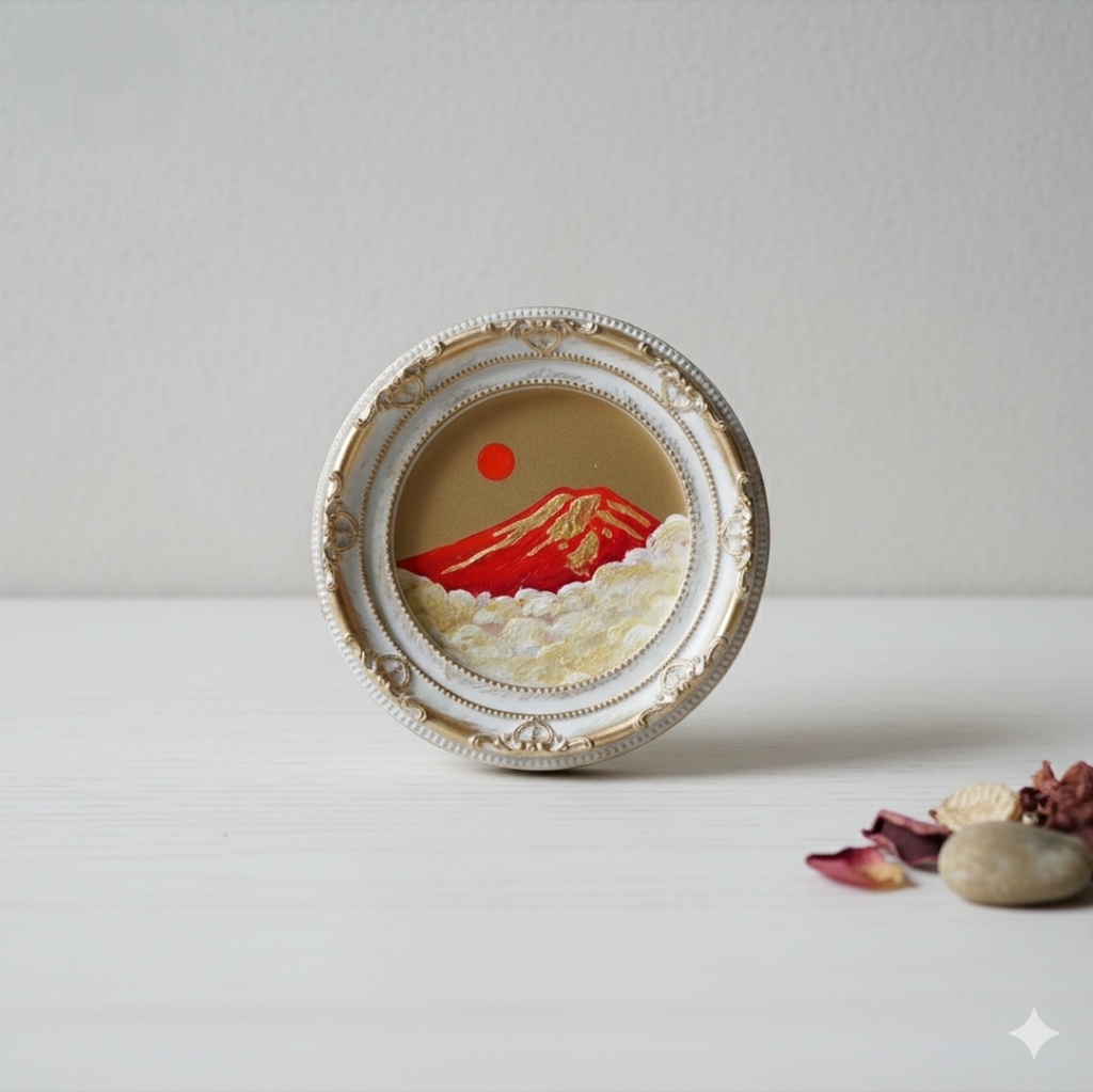 油絵 円形ミニ絵画【赤富士】【金】モダンインテリアアート