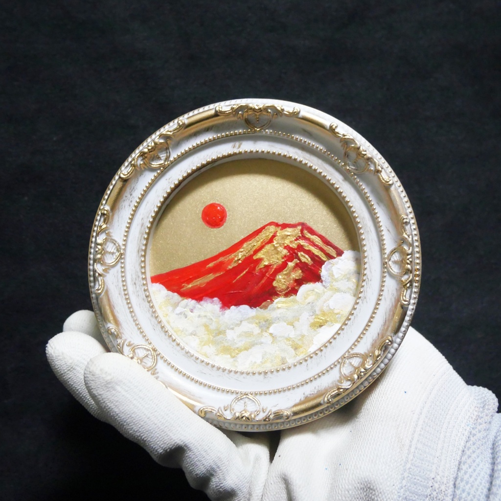 油絵 油彩 油彩画 絵 絵画 円形ミニ絵画 【赤富士】【金】