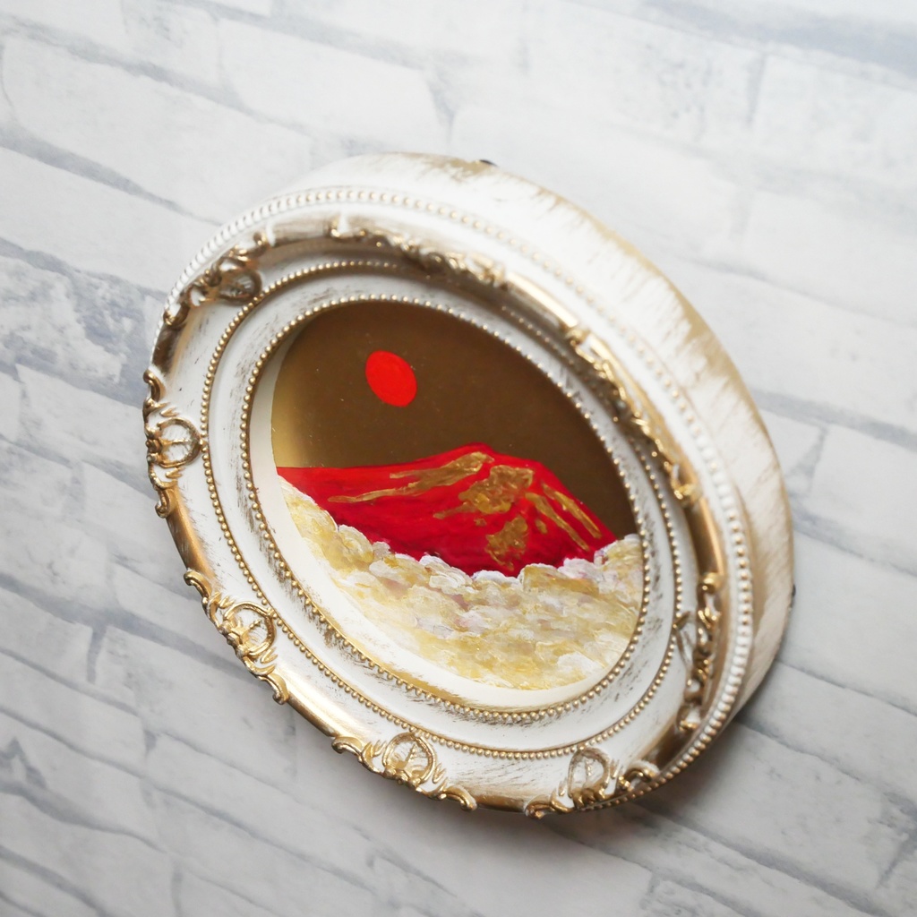 油絵 円形ミニ絵画【赤富士】【金】モダンインテリアアート