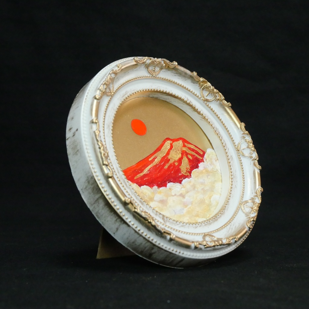 油絵 円形ミニ絵画【赤富士】【金】モダンインテリアアート