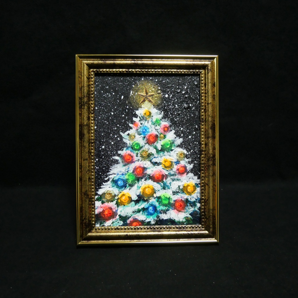 油絵 ミニ絵画2L【雪のクリスマスツリー】