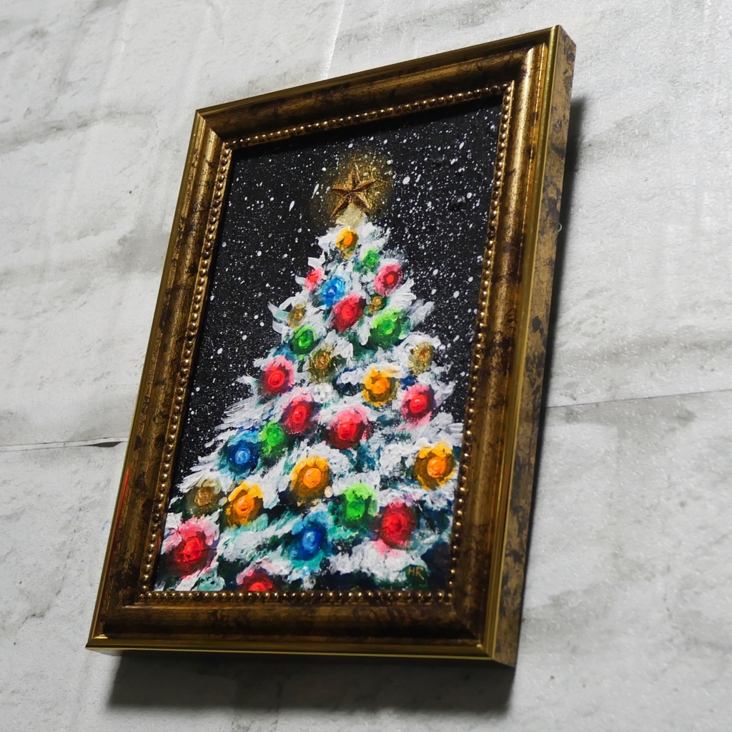 油絵 ミニ絵画2L【雪のクリスマスツリー】