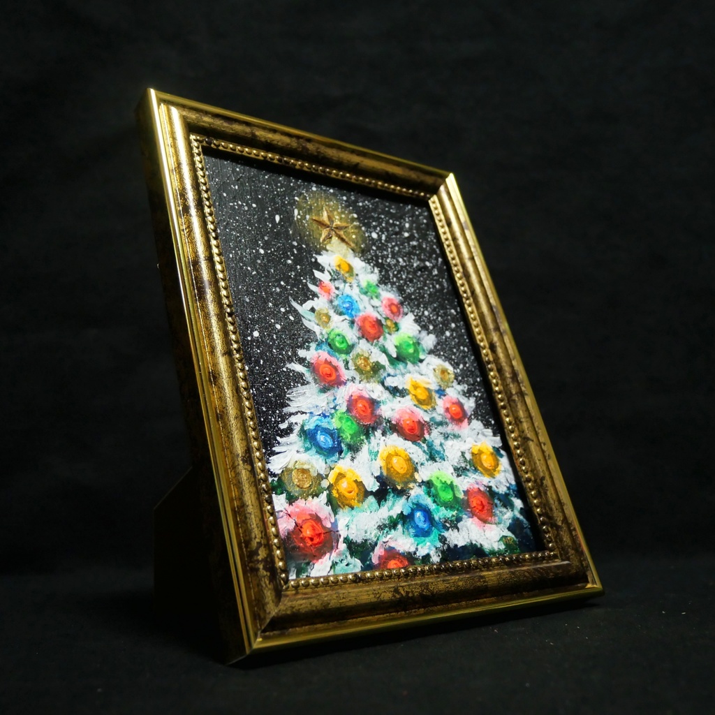 油絵 ミニ絵画2L【雪のクリスマスツリー】