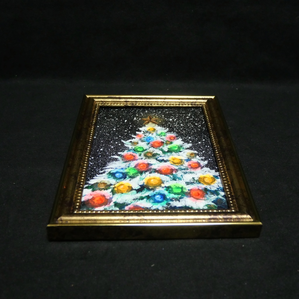 油絵 ミニ絵画2L【雪のクリスマスツリー】