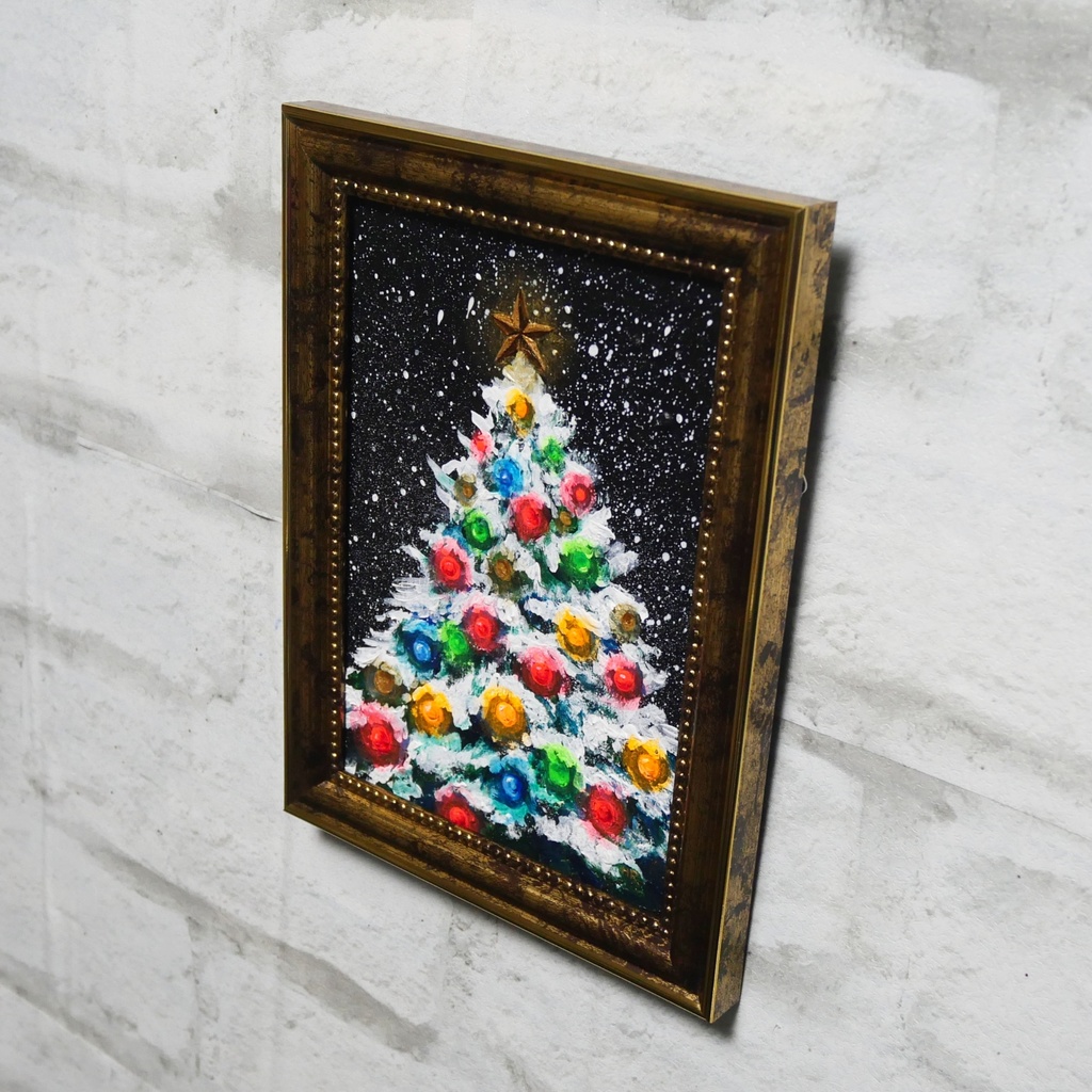 油絵 ミニ絵画2L【雪のクリスマスツリー】
