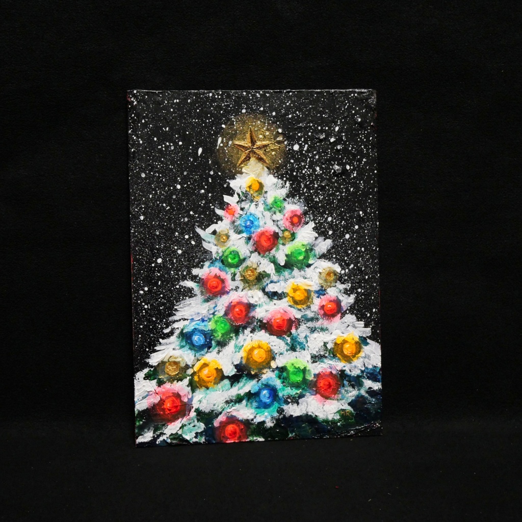 油絵 ミニ絵画2L【雪のクリスマスツリー】
