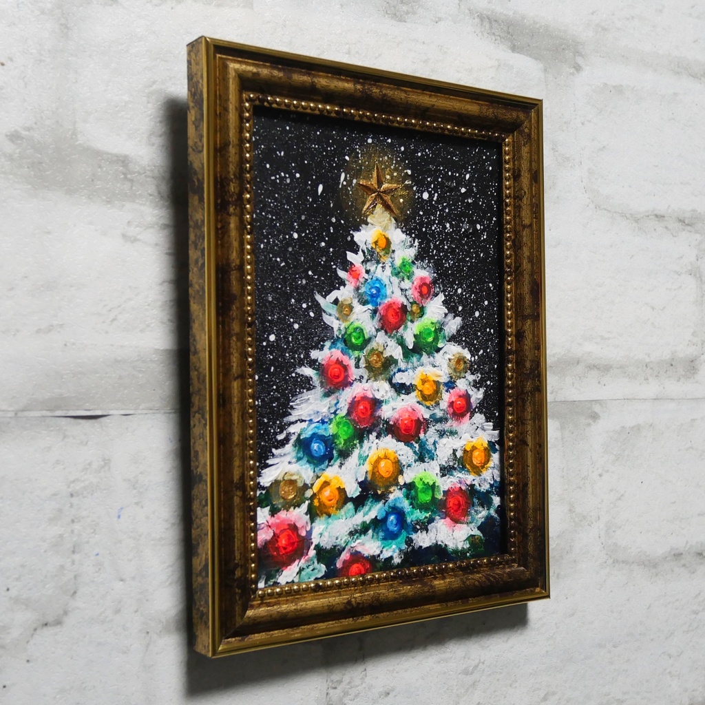油絵 ミニ絵画2L【雪のクリスマスツリー】
