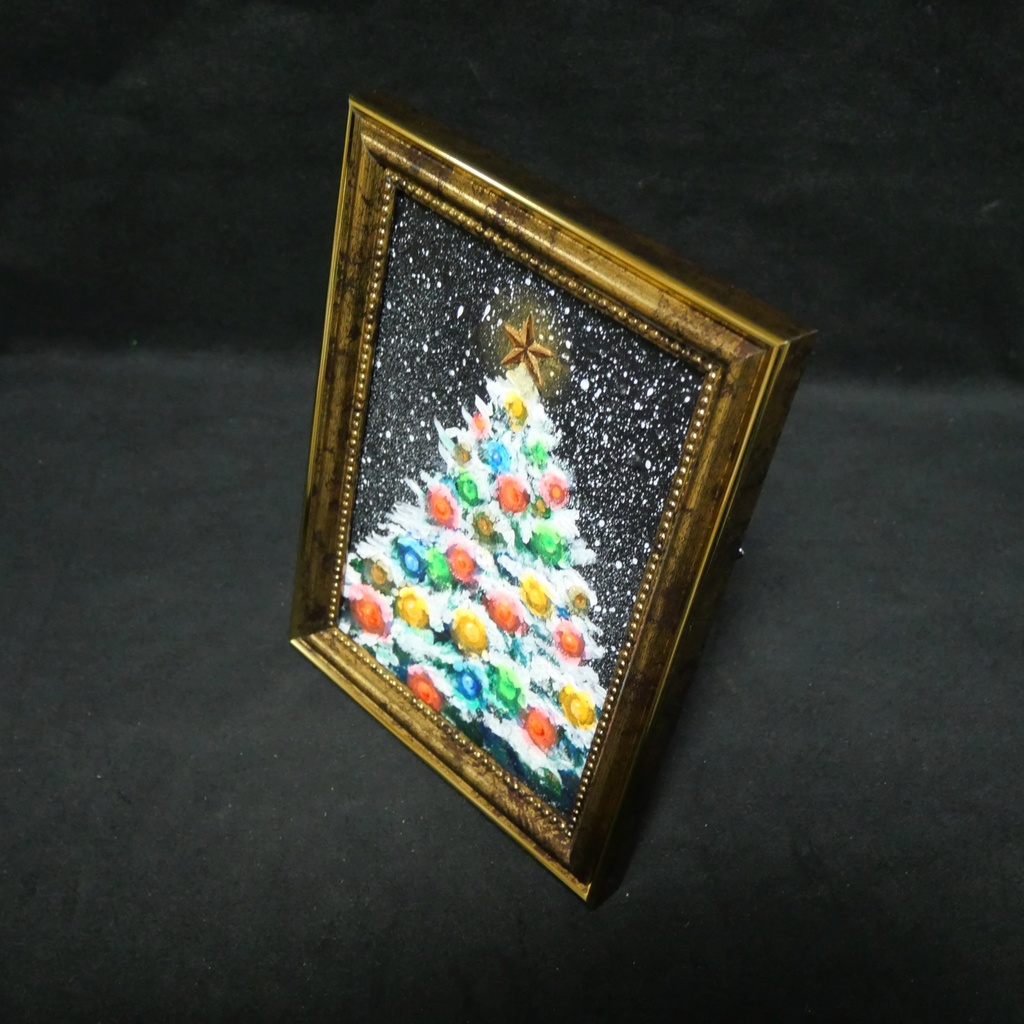 油絵 ミニ絵画2L【雪のクリスマスツリー】
