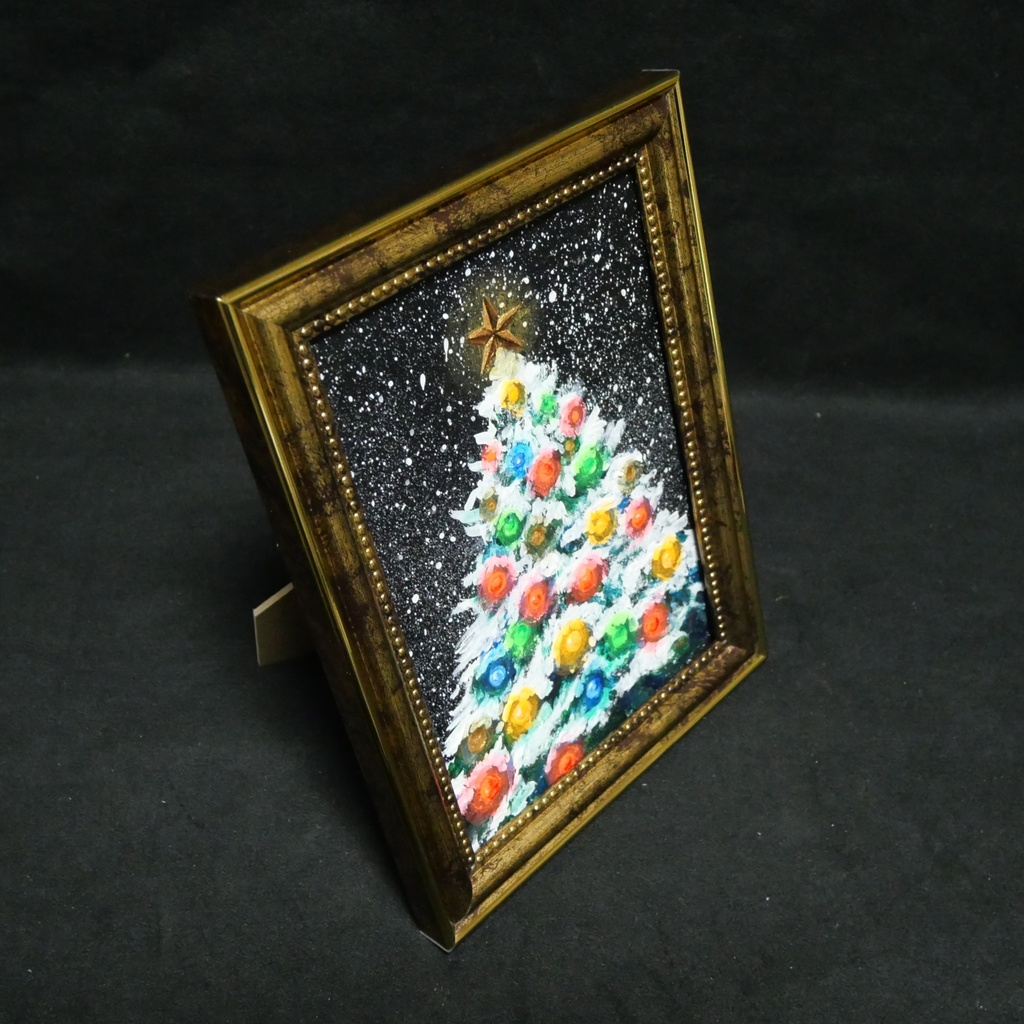 油絵 ミニ絵画2L【雪のクリスマスツリー】