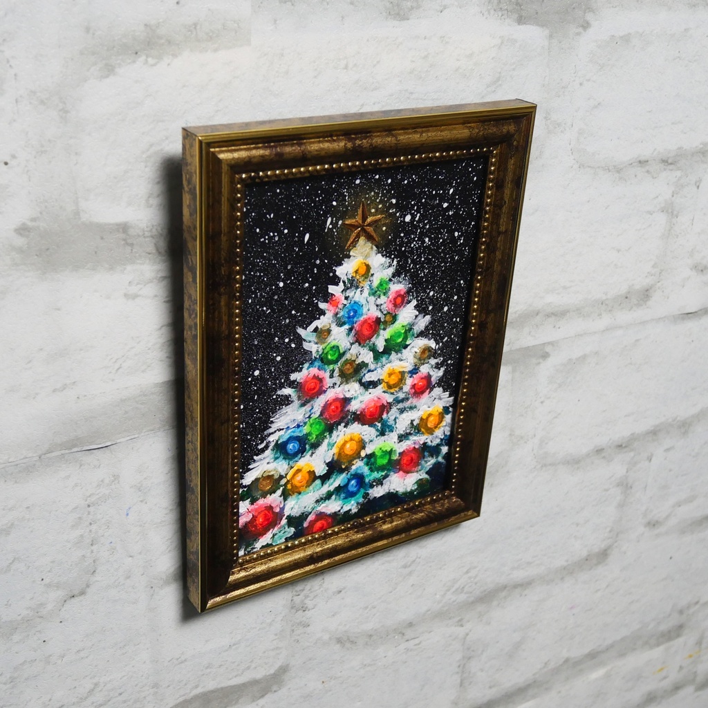 油絵 ミニ絵画2L【雪のクリスマスツリー】