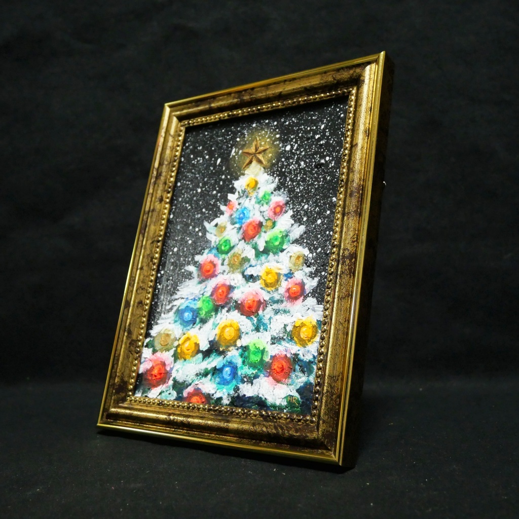 油絵 ミニ絵画2L【雪のクリスマスツリー】